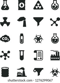 Solid Black Vector Icon Set - round flask vector, manufacture, factory, oil, barrel, industrial building, radiation, carbon dyoxide, filter, water, research article, test tube, molecule, nuclear