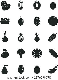 Solid Black Vector Icon Set - lettuce in a plate vector, cucumber, beet, pineapple, raspberry, tasty, mulberry, delicious plum, passion fruit, sweet date, yellow lemon, half of, tamarillo, onion
