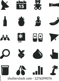 Solid Black Vector Icon Set - teddy bear vector, plastic brush, construction level, calendar, index finger, jam, cornels, fig, banana, ripe pineapple, beet, Glass bottle, bar chart, conversation