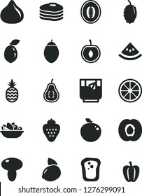 Solid Black Vector Icon Set - mushroom vector, a plate of fruit, glass tea, strawberry, pineapple, pancakes, sandwich, half apricot, fig, mulberry, melon, cherry, yellow lemon, juicy, tamarillo