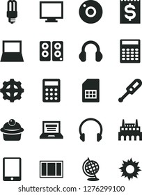 Solid Black Vector Icon Set - camera vector, laptop, monitor, electronic thermometer e, window frame, headphones, muffin, industrial factory, gear, mercury light bulb, SIM card, financial item, sun