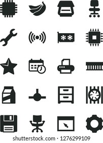 Solid Black Vector Icon Set - star vector, nightstand, package, bananas, radiator fan, cpu, gpu card, printer, scanner, browser, connect, floppy, wireless, chair, repair, schedule clock, settings