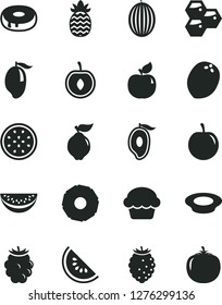 Solid Black Vector Icon Set - cake vector, with a hole, plate of milk, honeycombs, quince, apricot, blackberry, tasty raspberry, melon, slice water, mango, half, plum, cherry, passion fruit, coconut