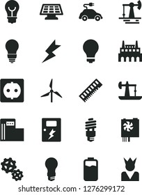 Solid Black Vector Icon Set - matte light bulb vector, lightning, dangers, charge level, oil derrick, working, modern gas station, windmill, power socket, industrial factory, gears, energy saving