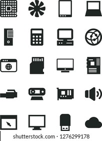 Solid Black Vector Icon Set - monitor vector, screen, volume, processor, calculator, computer, tablet pc, notebook, fan, tower, motherboard, card, web camera, usb flash, network, browser, sd, cloud