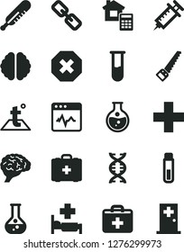 Solid Black Vector Icon Set - mark of injury vector, spectacles, first aid kit, plus, mercury thermometer, medical bag, arm saw, estimate, temperature, cardiogram, round flask, test tube, dna, brain