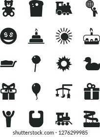 Solid Black Vector Icon Set - toys over the cradle vector, bib, rubber duck, teddy bear, baby toy train, children's, balloon, birthday cake, gift, Easter, slice, torte, Chupa Chups, man hold world