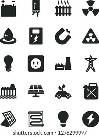 Solid Black Vector Icon Set - matte light bulb vector, power socket type b, dangers, heating coil, electronic boiler, solar panel, accumulator, hydroelectricity, line, thermal plant, canister, sun
