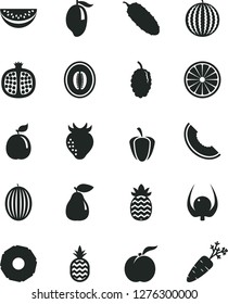 Solid Black Vector Icon Set - cucumber vector, a pineapple, ripe peach, half pomegranate, pear, strawberry, mulberry, melon, water, slice of, mango, orange, guava, physalis, pepper, carrot