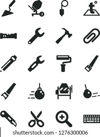 Solid Black Vector Icon Set - paint roller vector, scissors, clip, graphite pencil, zoom, big core, building trowel, concrete mixer, hand saw, arm, construction level, plummet, stationery knife