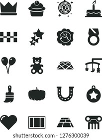 Solid Black Vector Icon Set - toys over the cradle vector, teddy bear, colored air balloons, cake, window frame, wooden paint brush, ceramic tiles, paving slab, pavement, heart, muffin, squash, luck