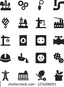 Solid Black Vector Icon Set - hook vector, concrete mixer, power socket type b, f, construction helmet, plummet, sea port, commercial seaport, valve, water pipes, oil, hydroelectricity, line, gears