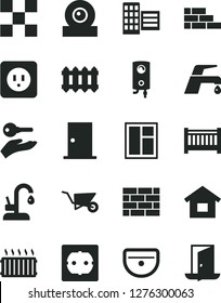 Solid Black Vector Icon Set - baby cot vector, dwelling, brickwork, brick wall, building trolley, window, sink, power socket type b, f, ntrance door, city block, tile, new radiator, faucet mixer
