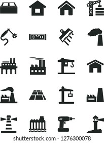 Solid Black Vector Icon Set - crane vector, tower, house, dwelling, cordless drill, building level, block, spatula, paving slab, home, manufacture, factory, hydroelectricity, industrial, enterprise