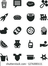 Solid Black Vector Icon Set - image of thought vector, Child T shirt, baby rattle, duckling, tumbler, toy mobile phone, children's sand set, potty, small teddy bear, train, pizza, apple pie, rocket