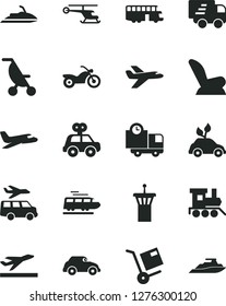 Solid Black Vector Icon Set - car child seat vector, summer stroller, motor vehicle present, baby toy train, delivery, shipment, environmentally friendly transport, retro, Express, private plane