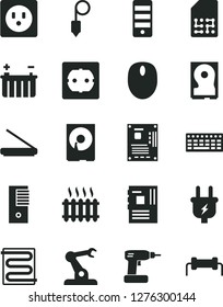 Solid Black Vector Icon Set - cordless drill vector, power socket type f, plummet, heating coil, battery, plug, assembly robot, SIM, cast iron radiator, mouse, keyboard, pc tower, motherboard, hdd