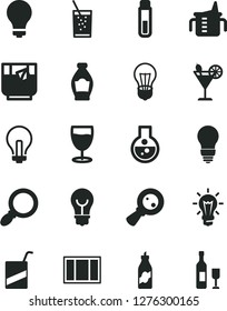 Solid Black Vector Icon Set - matte light bulb vector, incandescent lamp, measuring cup for feeding, e, window frame, a glass of soda, tea, cocktail, bottle, liquor, magnifying, magnifier, flask
