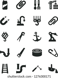 Solid Black Vector Icon Set - clip vector, open pin, iron fork spoons, tower crane, hook, winch, adjustable wrench, arm saw, stepladder, sewerage, kitchen faucet, anchor, canned goods, soda can