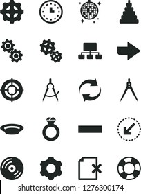 Solid Black Vector Icon Set - right direction vector, renewal, minus, stacking toy, cogwheel, left bottom arrow, CD, delete page, plate, gear, gears, scribed compasses, scheme, wall watch, aim
