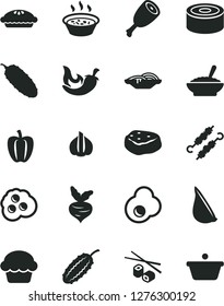 Solid Black Vector Icon Set - canned goods vector, slices of onion, cake, pie, a bowl buckwheat porridge, in saucepan, chicken thigh, meat on skewers, piece, cucumber, chili, garlic, fried egg, beet
