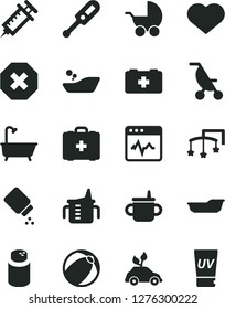 Solid Black Vector Icon Set - heart symbol vector, mark of injury, toys over the cot, mug for feeding, measuring cup, powder, baby, stroller, summer, electronic thermometer e, bath ball, medical
