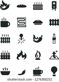 Solid Black Vector Icon Set - heating coil vector, temperature, radiator, new, boiler, coffee, loaf, pie, hot porridge, chili, cup of tea, bottle soda, red pepper, mercury thermometer, cast iron
