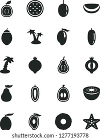 Solid Black Vector Icon Set - medlar vector, half of, mango, loquat, date fruit, passion, sweet, kiwi, tamarillo, guawa, piece coconut, slice pineapple, ripe guava, part, palm tree, starfish