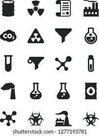 Solid Black Vector Icon Set - flask vector, manufacture, factory, oil, barrel, industrial building, carbon dyoxide, filter, water, research article, test tube, molecule, nuclear, biohazard