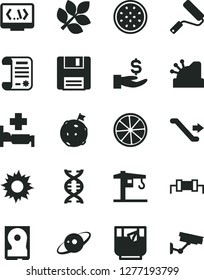 Solid Black Vector Icon Set - crane vector, new roller, a glass of tea, half passion fruit, slice lemon, get wage, research article, cashbox, hdd, floppy, coding, dna, saturn, biology, resistor, sun