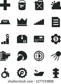 Solid Black Vector Icon Set - plus vector, camera roll, children's bathroom, paint bucket, star gear, cardboard box, artificial satellite, porcini, canister, front of the bank card, cashbox, file