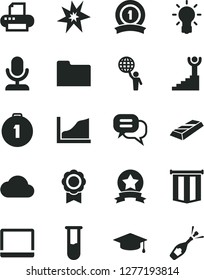 Solid Black Vector Icon Set - notebook pc vector, printer, folder, cloud, test tube, bulb, growth graph, medal, bang, winner stairway, man hold world, graduate, first place, ribbon, star, gold bar
