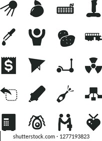 Solid Black Vector Icon Set - Kick scooter vector, artificial satellite, move left, yellow lemon, potato, text highlighter, hierarchical scheme, financial item, keyboard, joystick, nuclear, bactery