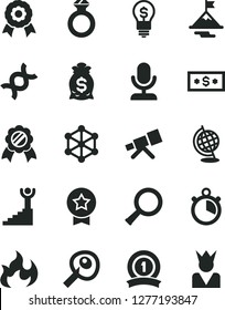 Solid Black Vector Icon Set - telescope vector, zoom, dna, globe, flame, artifical insimination, medal, stopwatch, 3d cube, winner stairway, motivation, ribbon, star, diamond ring, dollar, money bag