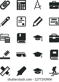 Solid Black Vector Icon Set - briefcase vector, graphite pencil, e, portfolio, writing accessories, drawing, calculation, square academic hat, clip, scribed compasses, text highlighter, book, bus