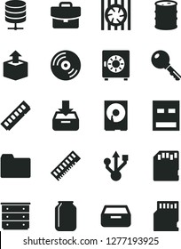 Solid Black Vector Icon Set - folder vector, chest of drawers, key, CD, big data server, suitcase, put in a box, drawer, strongbox, unpacking, barrel, jar, radiator fan, memory, hdd, usb, sd card