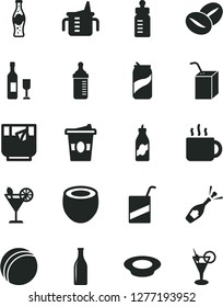 Solid Black Vector Icon Set - measuring cup for feeding vector, bottle, bath ball, e, packing of juice with a straw, plate milk, coffee beans, tea, coffe to go, glass, cocktail, soda can, liquor