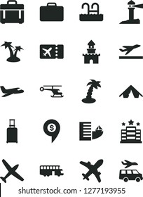 Solid Black Vector Icon Set - case vector, coastal lighthouse, sand castle, helicopter, dollar pin, plane, bus, suitcase, rolling, ticket, departure, hotel, tent, palm tree, pool, transfer