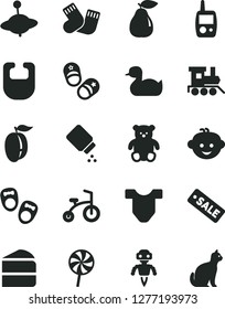 Solid Black Vector Icon Set - baby powder vector, bib, Child T shirt, rubber duck, warm socks, toy mobile phone, small teddy bear, children's hairdo, train, yule, bicycle, shoes for little children