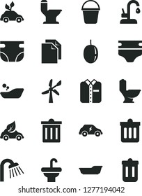 Solid Black Vector Icon Set - bin vector, clean paper, diaper, nappy, children's bathroom, bath, bucket, washbasin, toilet, comfortable, shower, kitchen faucet, dust, folded shirt, passion fruit
