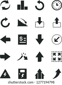 Solid Black Vector Icon Set - danger of electricity vector, upward direction, downward, right, left, renewal, clockwise, counterclockwise, bar chart, dangers, bottom arrow, size, move up, down