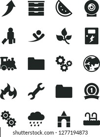 Solid Black Vector Icon Set - folder vector, storage unit, rainy cloud, children's train, box of bricks, dangers, lens, orange slice, leaves, planet, gears, repair, flame, medal ribbon, arrow up