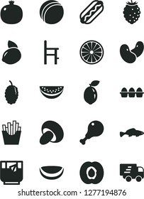 Solid Black Vector Icon Set - bath ball vector, a chair for feeding, bundle of eggs, Hot Dog, porcini, chicken leg, French fries, small fish, glass tea, half apricot, pomegranate, tasty raspberry