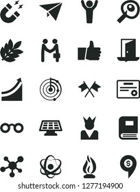Solid Black Vector Icon Set - thumb up vector, molecule, atom, glasses, book, magnet, flame, artifical insimination, radar, sun panel, biology, growth graph, man hands, certificate, cross flags