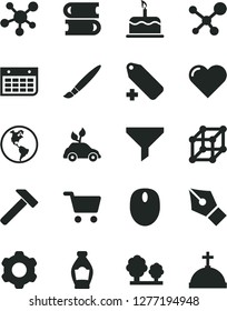 Solid Black Vector Icon Set - tassel vector, add label, books, cogwheel, hammer, heart, cake, bottle, planet Earth, trees, environmentally friendly transport, shopping cart, filter, wall calendar