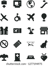 Solid Black Vector Icon Set - earth vector, plane, taxi, air balloon, escalator, ticket, getting baggage, atm, beach, palm tree, medical room, restaurant, disabled, pets, store, no smoking sign