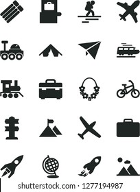 Solid Black Vector Icon Set - baby toy train vector, suitcase, space rocket, globe, lunar rover, mountain flag, paper plane, bike, backpacker, baggage scanner, tent, hawaii wreath, signpost