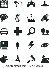 Solid Black Vector Icon Set - lightning vector, calendar, plus, e, new roller, car, move left, torte, pineapple, trees, Measuring compasses, connect, magnifier, joystick, brain, satellite, saturn