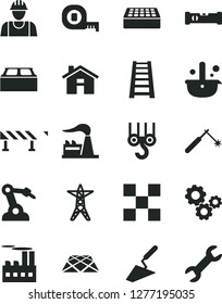 Solid Black Vector Icon Set - house vector, builder, winch hook, trowel, measuring tape, stepladder, construction level, tile, brick, building block, pavement, road fence, factory, power line, gears