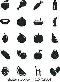 Solid Black Vector Icon Set - feeding bottle vector, a chair for child, bowl of rice porridge, plate milk, chicken leg, cucumber, garlic, carrot, blueberries, orange slice, ripe peach, apple, red